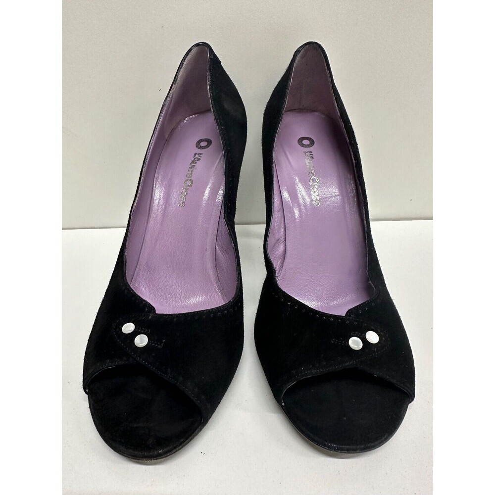L'Autre chose women size 7.5/38 Black open toe heel pumps with button details